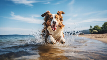 Beautiful dog playing in the water on the beach at sunny day