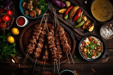 Grilled kebab on skewers with vegetables on wooden background, Middle eastern, arabic or...