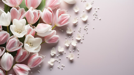 Mother's Day decorations concept. Top view photo of pink tulips and heart shaped sprinkles on isolated pastel background with copyspace
