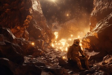 Astronaut sitting in a cave. Fantasy landscape. 3D rendering, mining gold, AI Generated