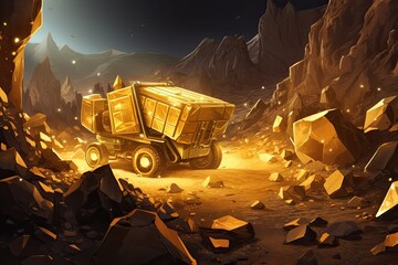 Dump truck in the desert. 3D illustration. Fantasy, mining gold, AI Generated