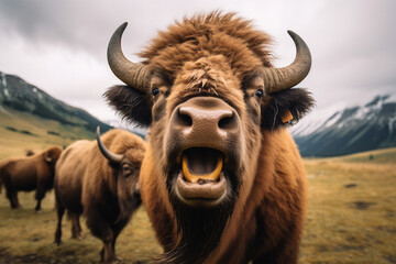 a bison is laughing - obrazy, fototapety, plakaty