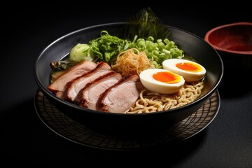Japanese ramen noodle with roast duck and egg on black background, Miso Ramen Asian noodles with egg, pork and pak choi cabbage in bowl on dark background, AI Generated