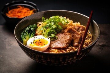 japanese ramen noodle with pork and egg on dark background, Miso Ramen Asian noodles with egg, pork and pak choi cabbage in bowl on dark background, AI Generated