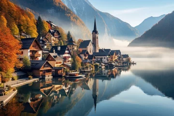 Tuinposter Hallstatt village on Hallstatter See lake in autumn, Austria, Misty autumn scene of Hallstatt lake. Splendid morning viev of Hallstatt village, AI Generated © Iftikhar alam