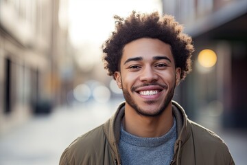 Portrait of handsome young man with afro hairstyle in the city, Mixed race man smiling, AI Generated