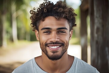 Portrait of smiling african american man with curly hair in park, Mixed race man smiling, AI Generated - obrazy, fototapety, plakaty
