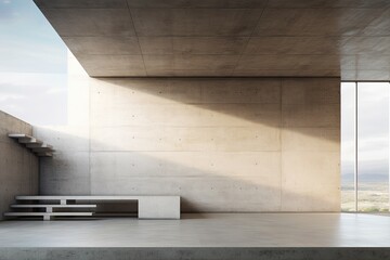 Minimalistic concrete interior with stairs and daylight. 3D Rendering, modern architecture with...