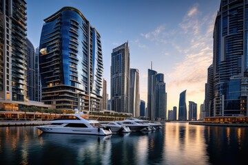 Fototapeta na wymiar Dubai Marina at sunset in Dubai, UAE. Dubai was the fastest developing city in the world between 2002 and 2008, Modern buildings in Dubai Marina, Dubai, AI Generated