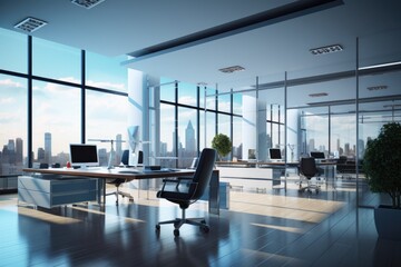 Modern office interior with panoramic city view. 3D Rendering, modern business office interior, 3d rendering, AI Generated