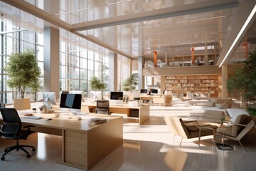 Fototapeta na wymiar Modern coworking office interior with furniture and daylight. 3D Rendering, modern business office interior, 3d rendering, AI Generated