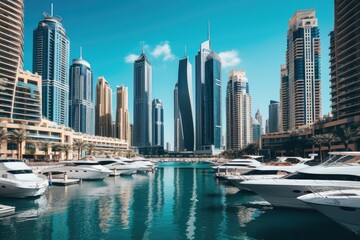 Naklejka premium Dubai Marina in a beautiful summer day, United Arab Emirates, Modern buildings in Dubai Marina, Dubai, AI Generated