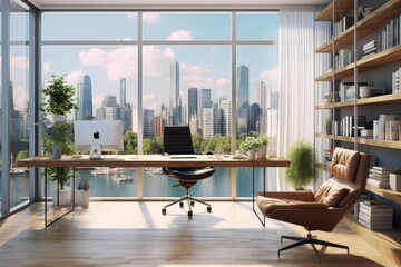 Modern wooden office interior with city view and daylight. 3D Rendering, Modern home office interior with furniture, computer and city view. 3D Rendering, AI Generated