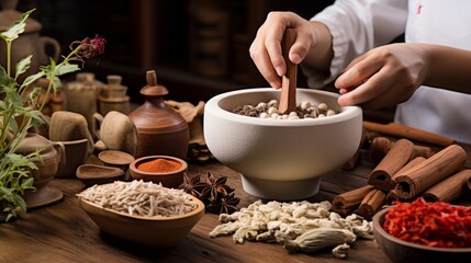 Fototapeta na wymiar Front view of apocathery putting ingredient into mortar and pestle with Chinese traditional medicine in wooden table