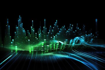 Futuristic technology wave background design with lights and speed motion lines, Modern technology wallpaper and blue and green binary sound waves on Black background, AI Generated