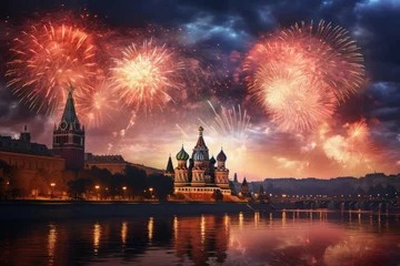 Foto op Canvas Fireworks over the Kremlin and St. Basil's Cathedral, Moscow, Russia, moscow fireworks, AI Generated © Iftikhar alam