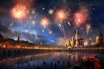 Fototapeta premium Fireworks over the Moscow Kremlin and St. Basil's Cathedral, Russia, moscow fireworks, AI Generated