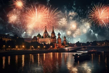 Foto auf Acrylglas Moskau Fireworks over the Kremlin and the Spasskaya Embankment, Moscow, Russia, moscow fireworks, AI Generated