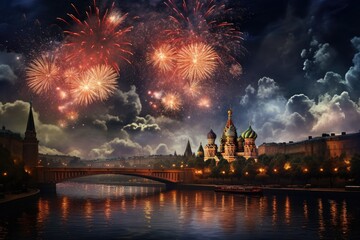 Fototapeta na wymiar Fireworks over the Moscow Kremlin and St. Basil's Cathedral, Russia, moscow fireworks, AI Generated