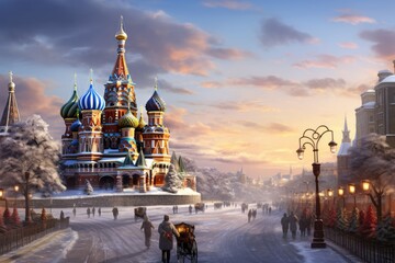 St. Basil's Cathedral on Red Square in Moscow, Russia, Moscow, Russia, Red square, view of St. Basil's Cathedral, Russian winter, AI Generated - obrazy, fototapety, plakaty