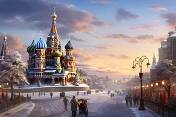 Zelfklevend Fotobehang Moskou St. Basil's Cathedral on Red Square in Moscow, Russia, Moscow, Russia, Red square, view of St. Basil's Cathedral, Russian winter, AI Generated