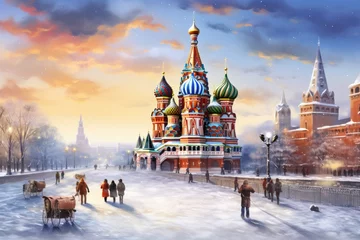 Fotobehang Saint Basil Cathedral on Red Square in Moscow, Russia. Winter landscape, Moscow, Russia, Red square, view of St. Basil's Cathedral, Russian winter, AI Generated © Iftikhar alam