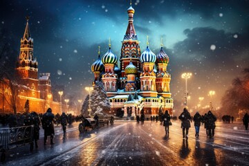 St. Basil's Cathedral on Red Square in Moscow, Russia, Moscow, Russia, Red square, view of St. Basil's Cathedral, Russian winter, AI Generated