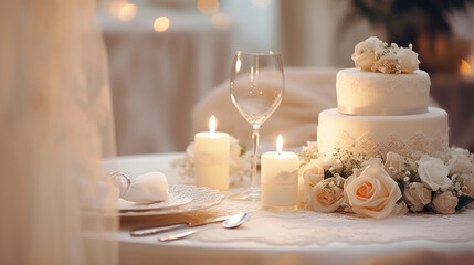 Fototapeta na wymiar White wedding cake, glass, candles and flowers on the table