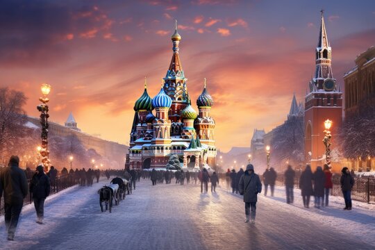 St. Basil's Cathedral on Red Square in Moscow, Russia, Moscow, Russia, Red square, view of St. Basil's Cathedral, Russian winter, AI Generated