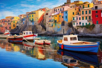 Fototapeta na wymiar Colorful fishing boats in Riomaggiore, Cinque Terre, Italy, Mystic landscape of the harbor with colorful houses and the boats in Porto Venero, Italy, AI Generated