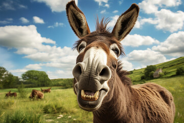 photo of a donkey laughing - obrazy, fototapety, plakaty