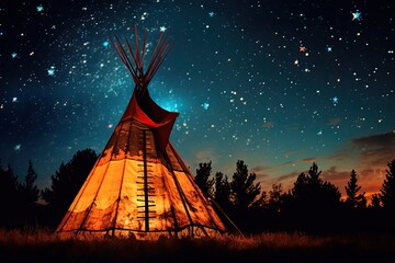 Beautiful indian teepee in the night sky with stars, Native american indian teepee at night with starry sky, AI Generated