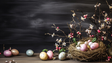 Obraz na płótnie Canvas Easter dark rustic still life greeting card with quail eggs in nest and blooming cherry branch. Dark wooden background. Easter holiday time. Copy space