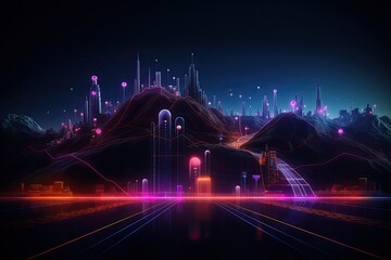 Fototapeta na wymiar Futuristic cityscape with neon lights, 3d rendering digital illustration, Neon color roadmap, street, dark background with goals, AI Generated