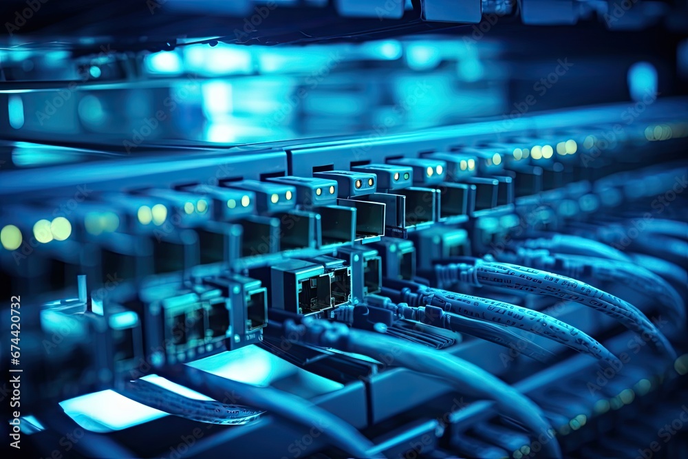 Poster network cables connected to switch - close up of data center hardware technology, network cables con