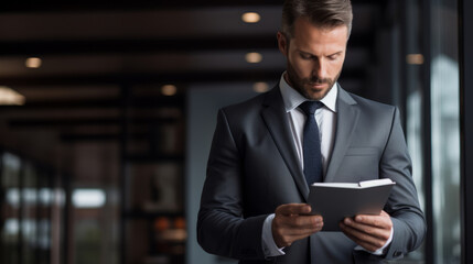 Fototapeta premium Businessman in formal clothes is standing and holding the tablet in hands