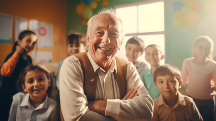 Elderly teacher with preschoolers in class room. 