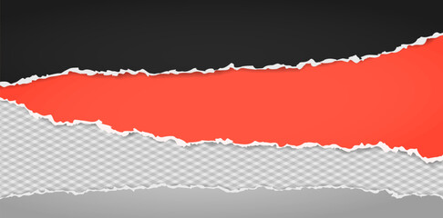 Torn, ripped black and red paper strips with soft shadow are on squared background for text.