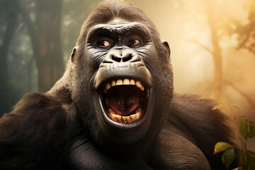 photo of a gorilla laughing - obrazy, fototapety, plakaty