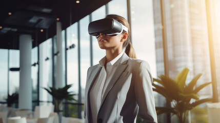 Businesswoman in formal suit is using virtual reality glasses in the office