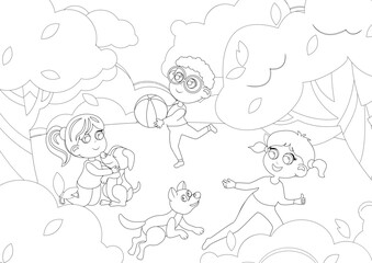 Coloring page. Group of children playing with pets and ball in nature. Beautiful summer or spring day in nature. Illustration in children's cartoon style.