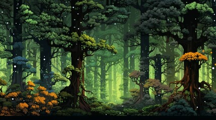 A digital forest of pixelated trees, their branches reaching out in a pixel art wonderland.