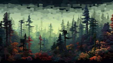 A digital forest of pixelated trees, their branches reaching out in a pixel art wonderland.