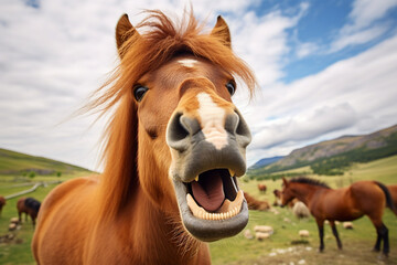 a cute horse is laughing