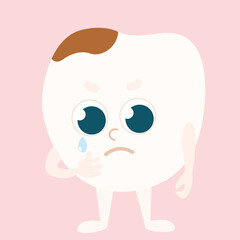 A sad tooth with caries on top. Character design in cartoon style. Care and health of children's teeth.