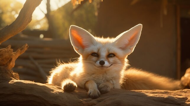 A Fennec Fox basking in the warm sunlight, its fur glowing in the morning light.