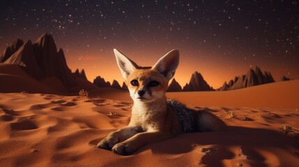 A Fennec Fox gazing at the starry night sky in the Sahara Desert.