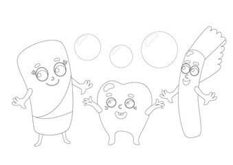 Fototapeta premium Coloring page. Toothpaste, cheerful healthy children's tooth and toothbrush. Character design.