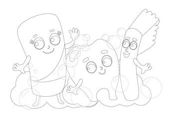 Coloring page. Funny tooth and toothbrush and toothpaste in toothpaste bubbles. The tooth is happy and smiling. Care and health of children's teeth.