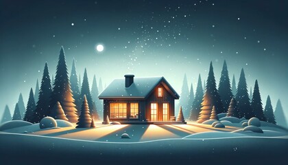 Solitary Winter Cabin in the Woods with Warm Light and Gentle Snowfall
